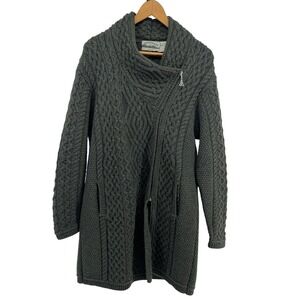 Aran Crafts Irish Soft Cable Knitted Merino Wool Side Zip Green Coat Women's XL